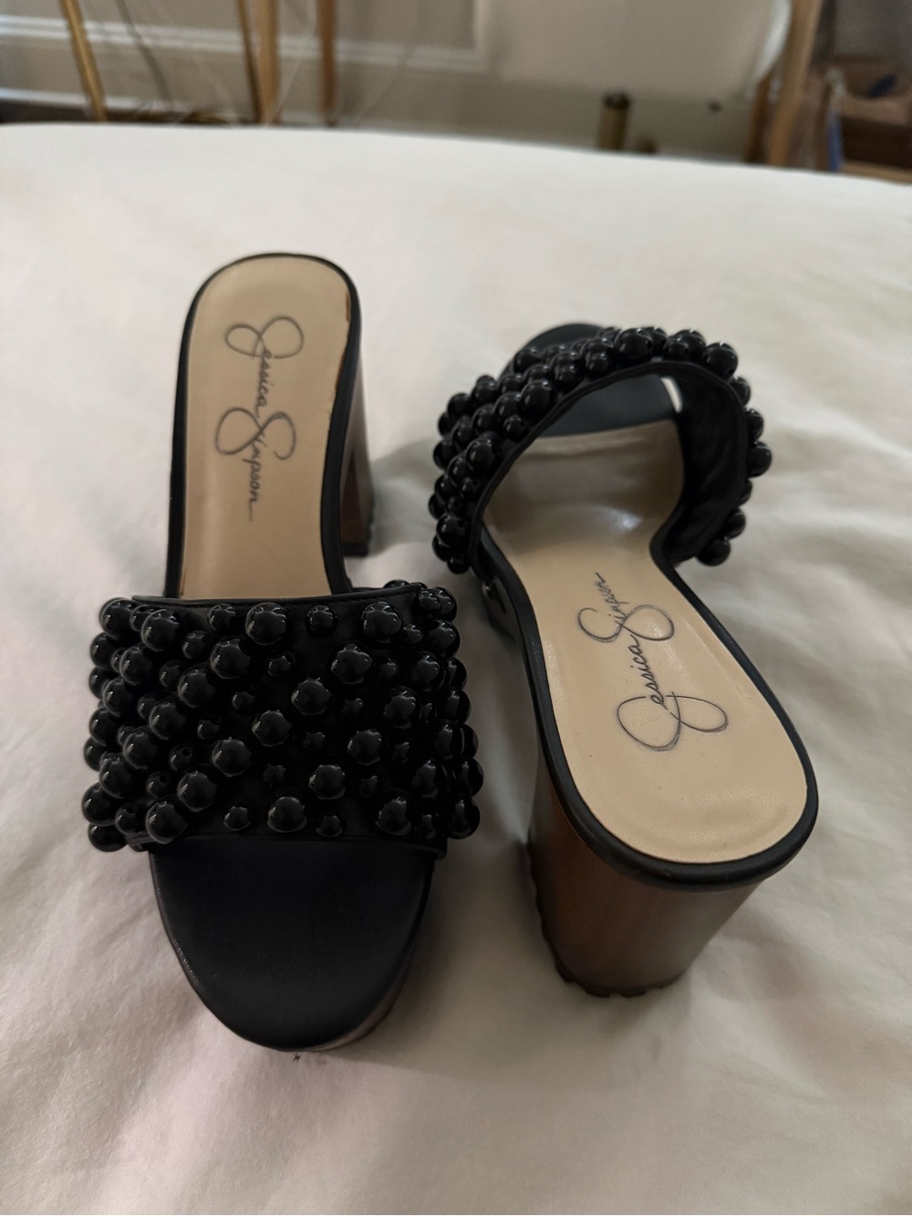Jessica Simpson Telina2 Black Studded Pearl Detailed Slip On Block Heel Sandals